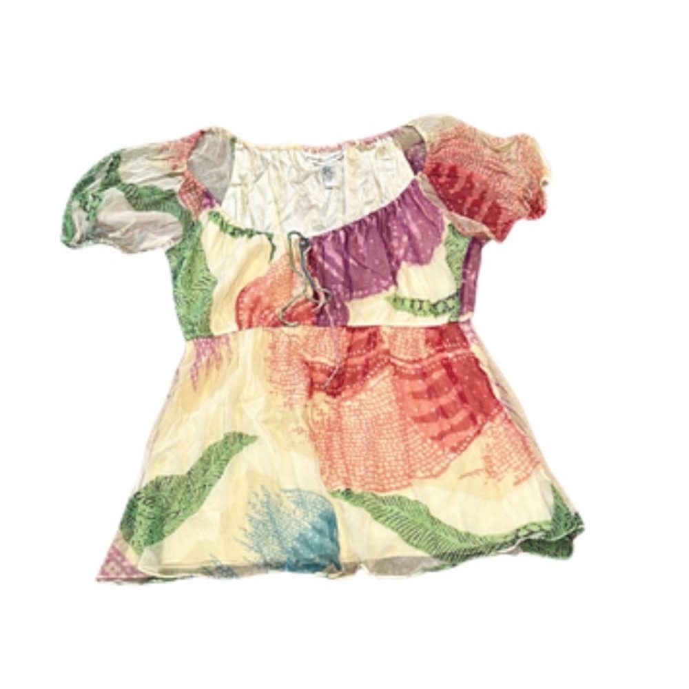 Y2K Diane Von Furstenberg Silk Short Sleeve Abstract Floral Blouse | Size 12